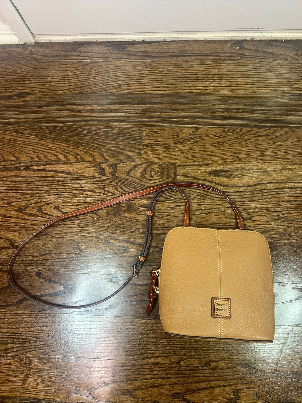 Dooney & Bourke Trixxi, Tan Pebble Leather Crossbody with Brown Strap